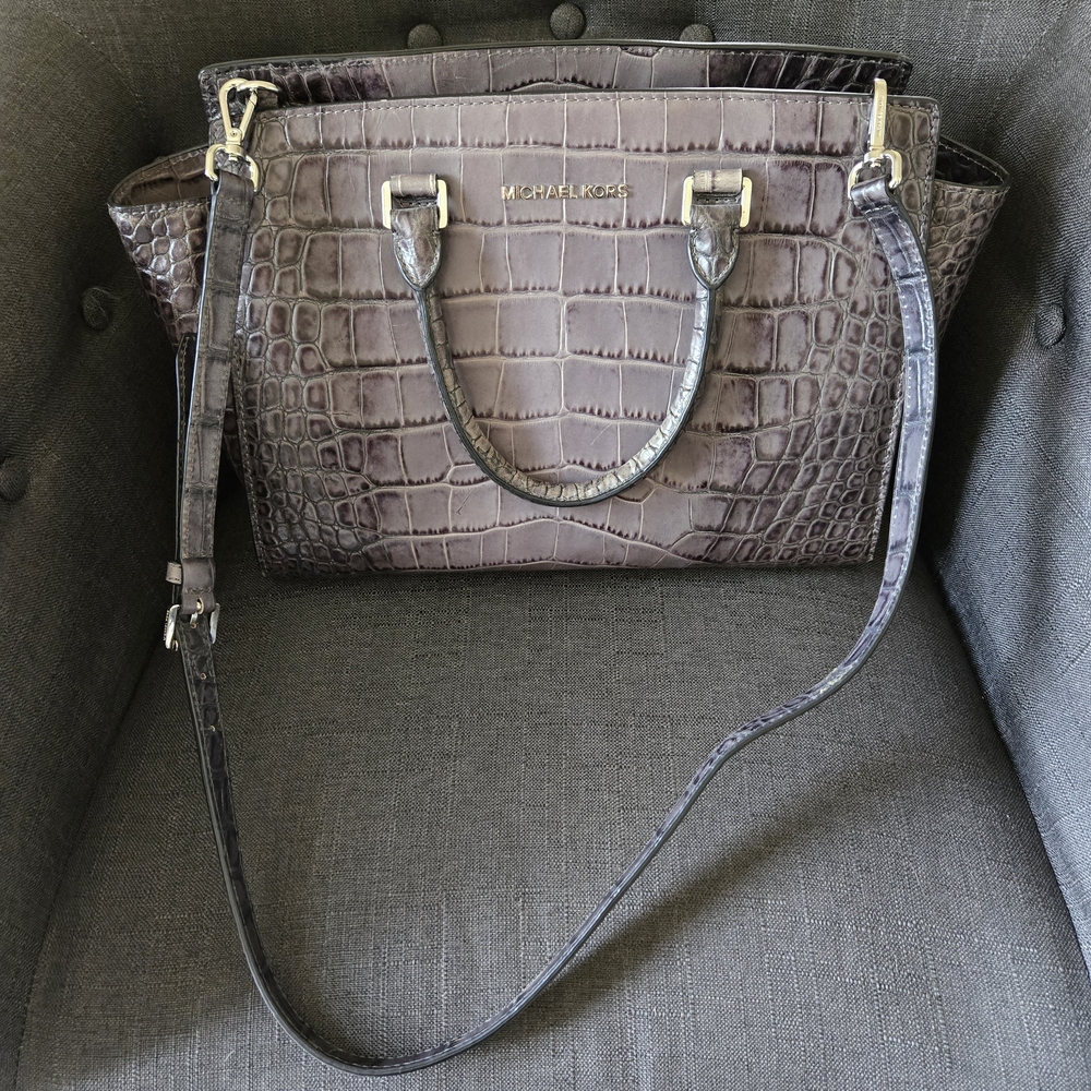 Michael Kors Croc-Embossed Satchel in Taupe Brown with Gold Hardware